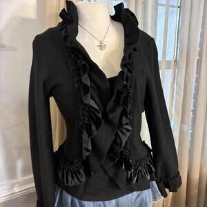 Madison 100% Wool Women's Large Black Ruffle Long Sleeve Over Coat Cardigan